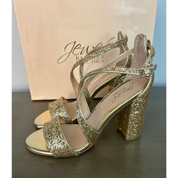 BEAUTIFUL Jewel Badgley Mischka Metallic Gold Glitter Evening Block Heel Sz 6.5 - Picture 3 of 8